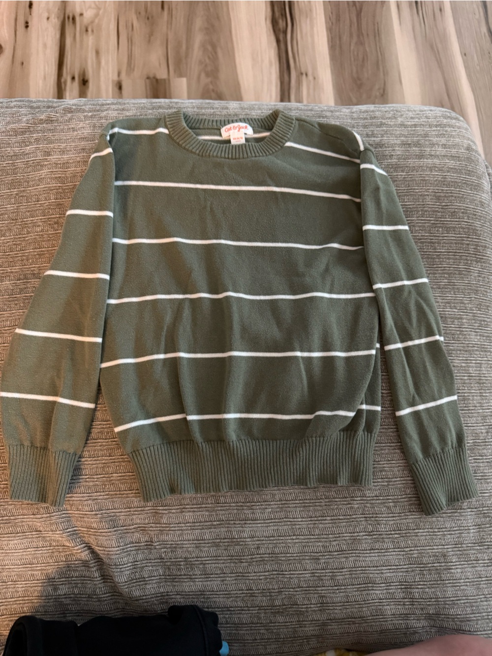 Cat & Jack Olive Green and White Striped Crewneck Sweater